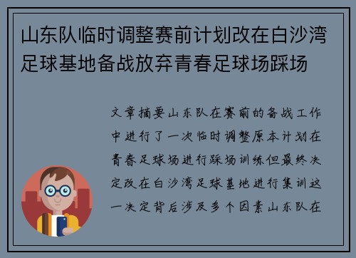 山东队临时调整赛前计划改在白沙湾足球基地备战放弃青春足球场踩场
